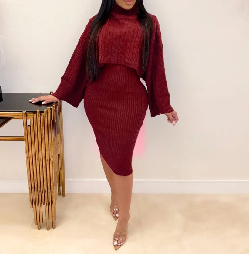 Women’s Sweater Dress Set [Turtleneck Ribbed Sweater & Knitted Strap Dress]
