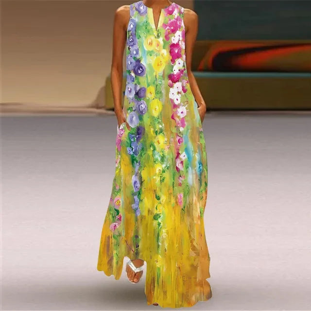 Summer Women’s Artistic Retro Sleeveless V-Neck Oversized Swing Maxi Dress | Casual Loose Boho Long