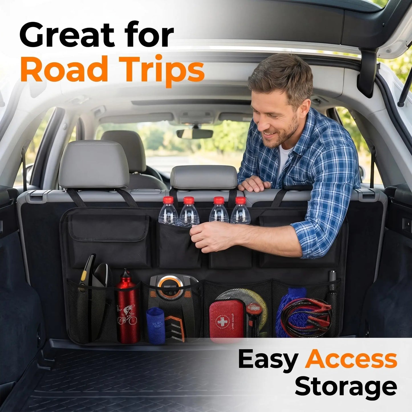 Car Trunk Organizer, Backseat Hanging Organizer with Large Storage Bag, Extra-Large Capacity Cargo Storage Organizer for SUVs, Trucks & Vans