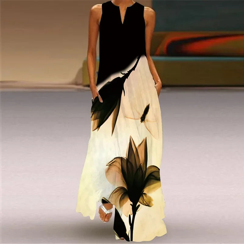 Summer Women’s Artistic Retro Sleeveless V-Neck Oversized Swing Maxi Dress | Casual Loose Boho Long