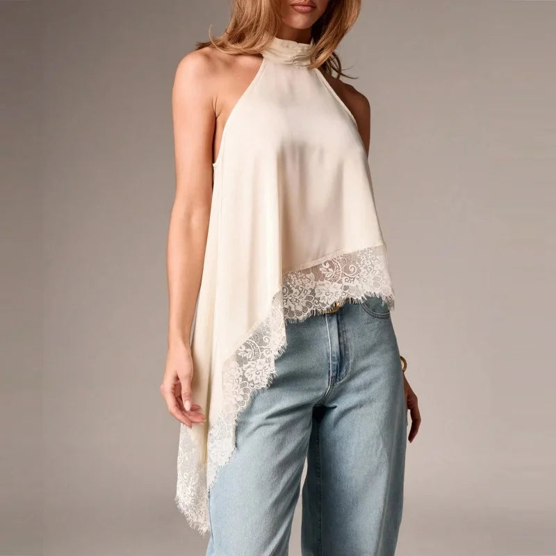 Women Y2K Mock Neck Halter Top – Satin Lace Asymmetrical Hem Sleeveless Crop Tank