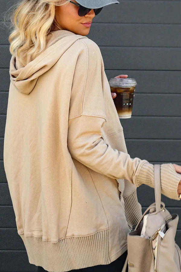 Stay Cozy in Style – Casual Loose White V-Neck Hooded Sweatshirt for Women