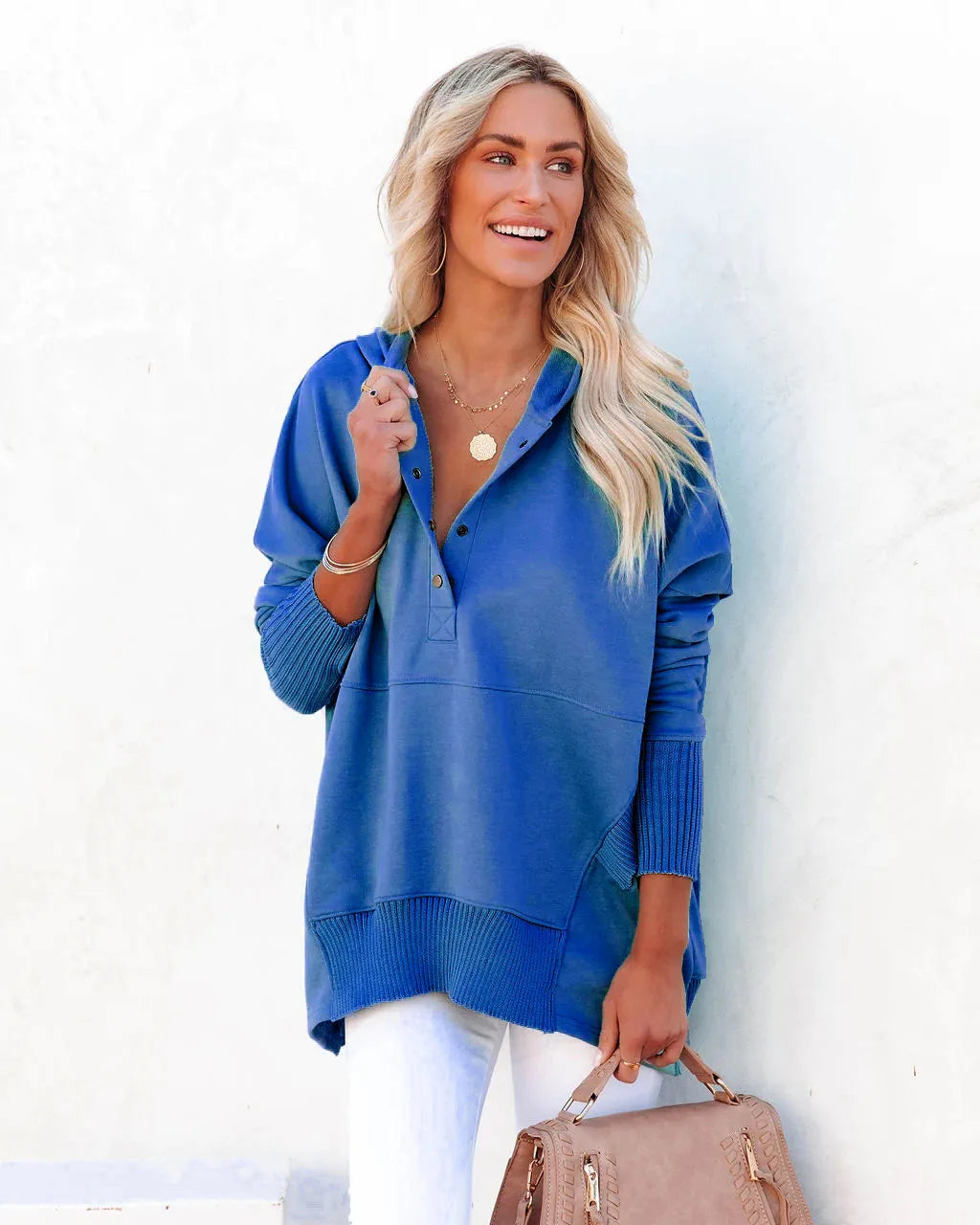 Stay Cozy in Style – Casual Loose White V-Neck Hooded Sweatshirt for Women
