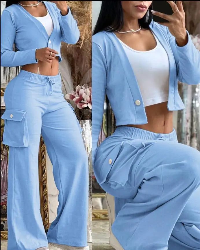 Women's Spring/Summer 2-Piece Set – Printed Crop Top & Casual Pants