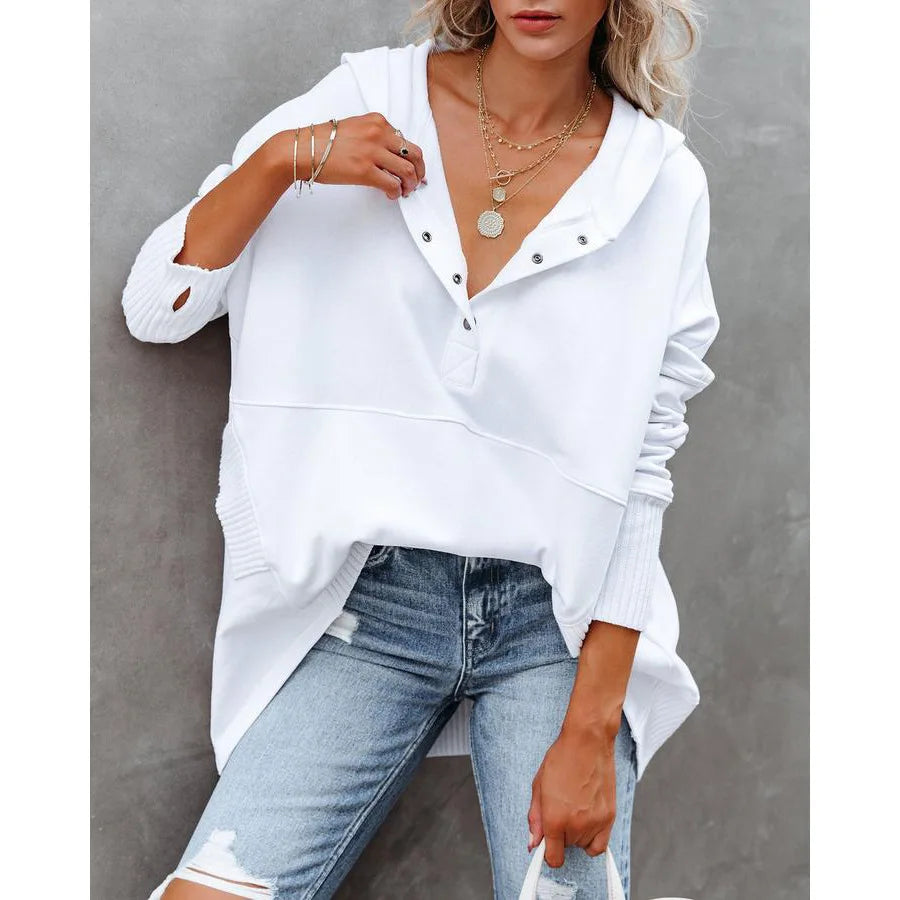 Stay Cozy in Style – Casual Loose White V-Neck Hooded Sweatshirt for Women
