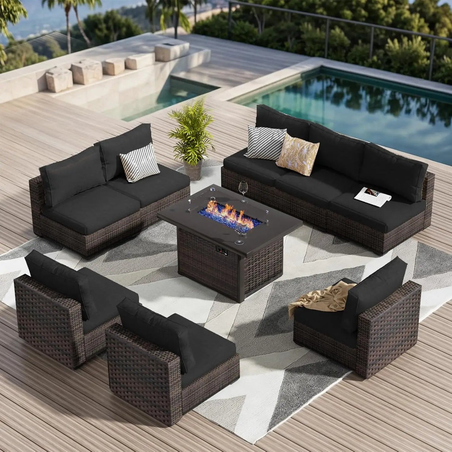 9-Piece Outdoor Sectional Patio Furniture Set with Fire Pit Table