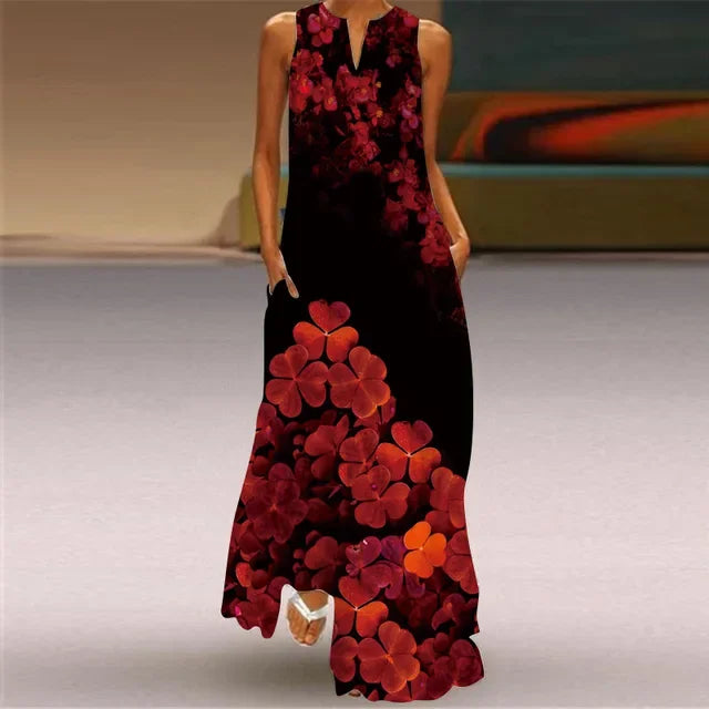 Summer Women’s Artistic Retro Sleeveless V-Neck Oversized Swing Maxi Dress | Casual Loose Boho Long