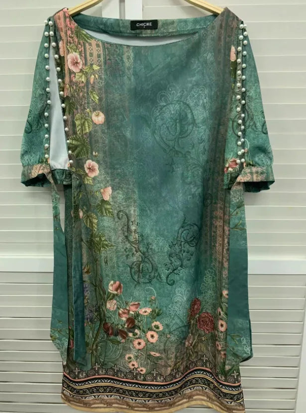 Women's Summer Retro Print Mini Dress – O-Neck Ethnic Style Loose Fit Casual Elegant Beach Dress