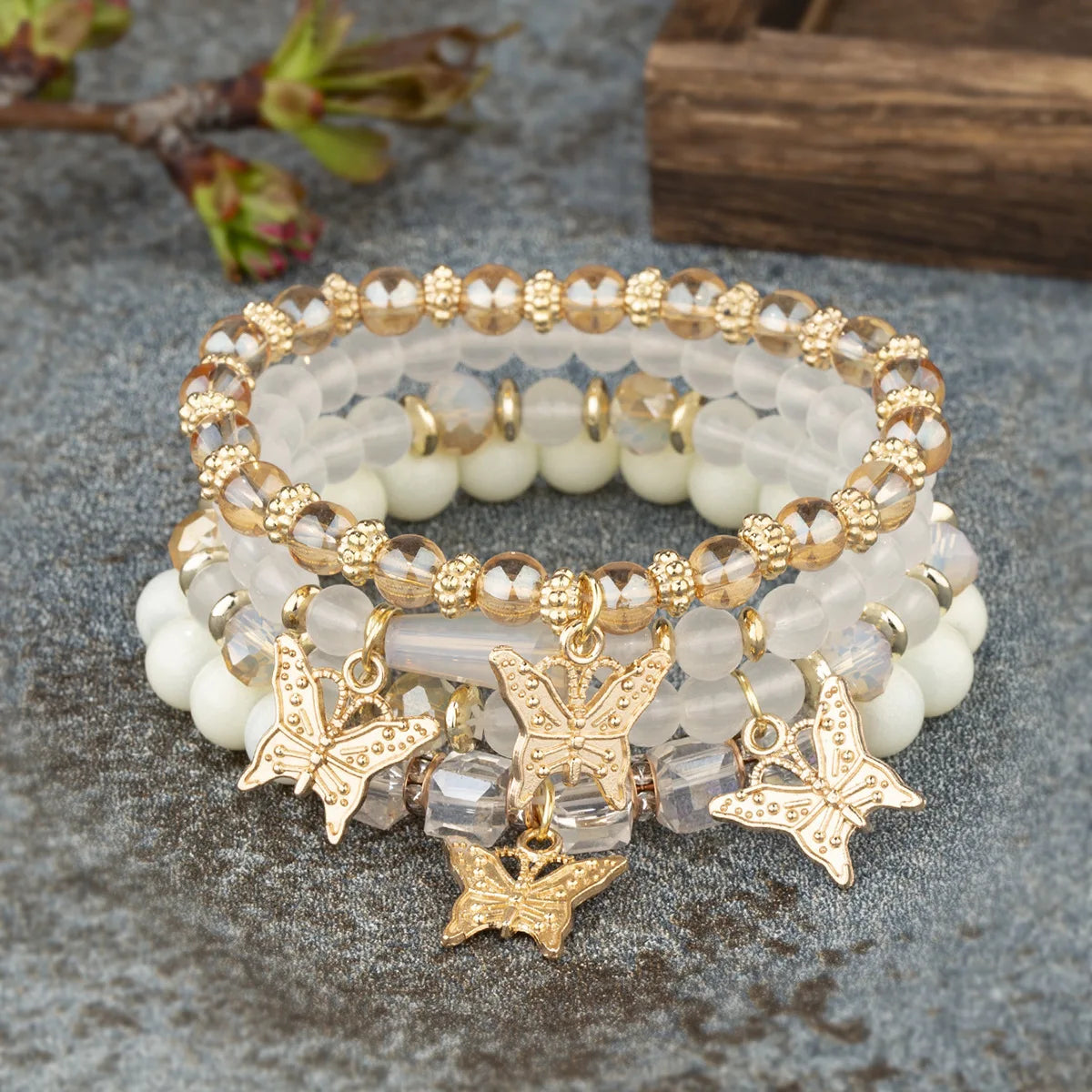 4-Piece Trendy Butterfly Beaded Bracelet Set for Women