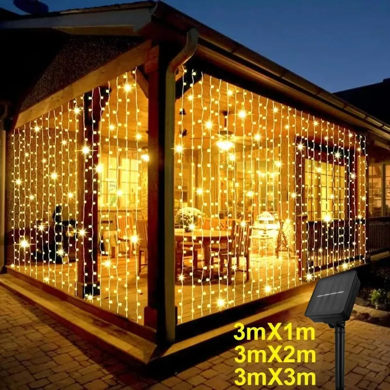 3×3M Solar Curtain String Lights – 300 LED Outdoor Decorative Lights with 8 Lighting Modes for Christmas, Halloween, Garden & Party Decor