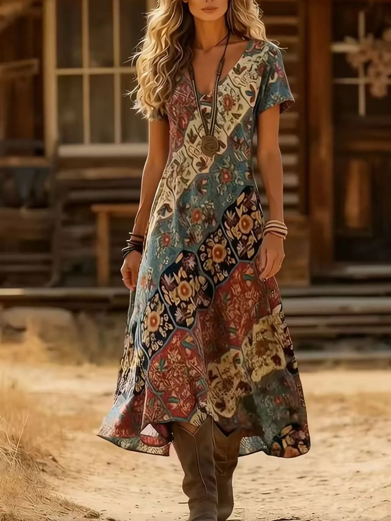 New Style Vintage V-Neck Floral Dress for Women