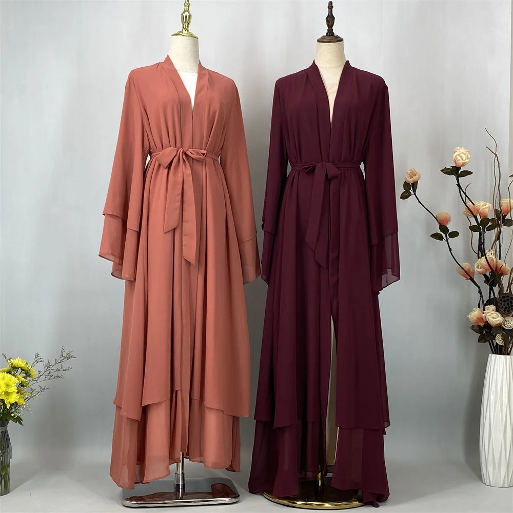 Latest Muslim Abaya – Two-Layer Chiffon Elegant Cardigan Robe for Women