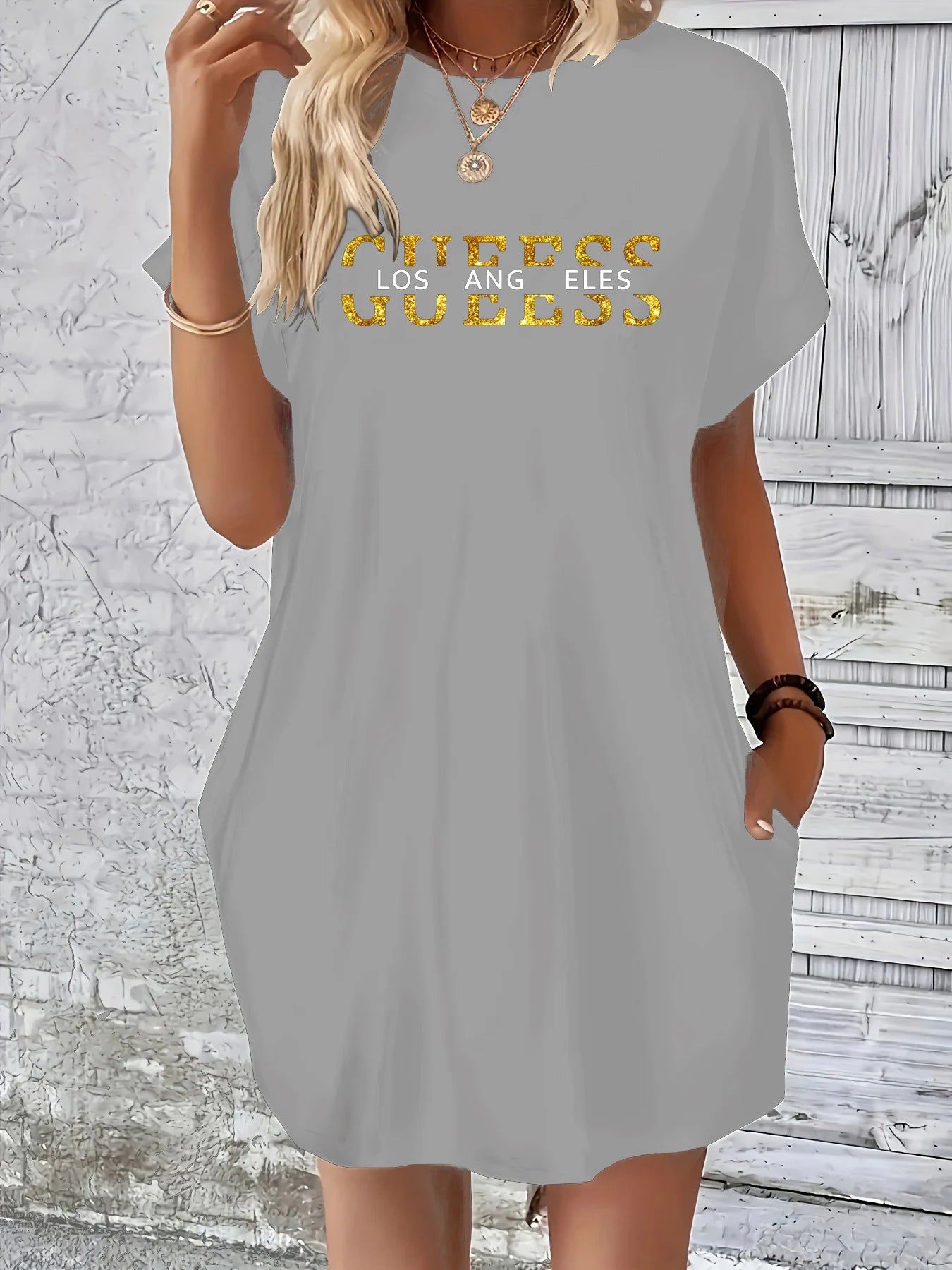 Women’s GUEESS Los Angeles Letter Print Casual Plus Size Dress – Summer Loose Short Sleeve Pocket Dress