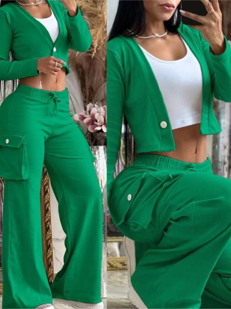 Women's Spring/Summer 2-Piece Set – Printed Crop Top & Casual Pants