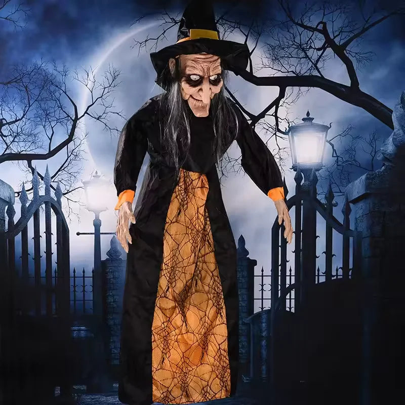 Halloween Talking Witch Animatronic Decoration – Outdoor Spooky Witch Prop with Glowing Red Eyes