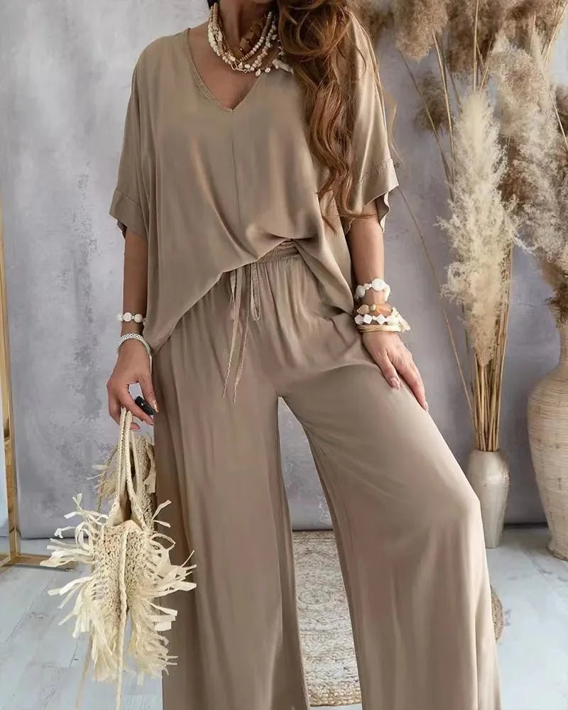 Women’s Summer Two-Piece Pant Set – V-Neck Bat Sleeve Casual Loose Outfit