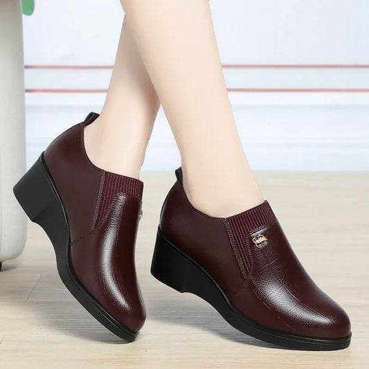 New Trendy Wedge Heel Leather Shoes for Women