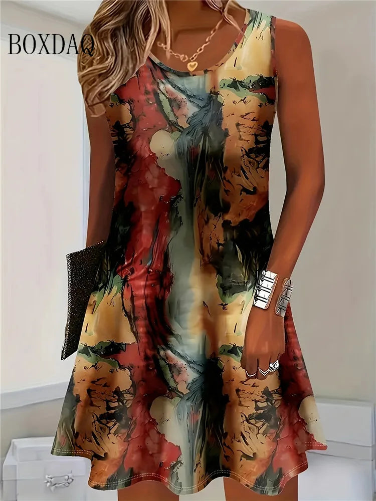 Bohemian Fashion Dress Cowboy Vest Floral Print Casual Tank Beach Dress