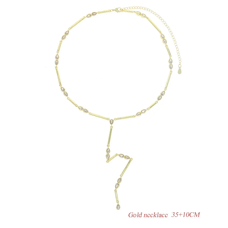 Fashion Special Water Drop Bling Oval CZ Choker Necklace Gold Color Lariat Long Bar Tear Drop Y Shape Long Tassel Women Jewelry