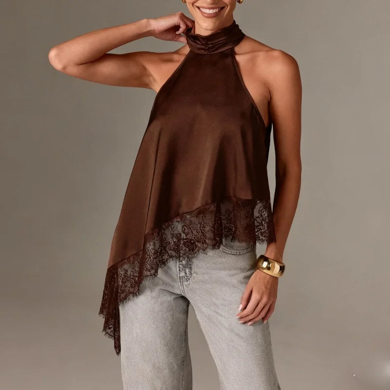 Women Y2K Mock Neck Halter Top – Satin Lace Asymmetrical Hem Sleeveless Crop Tank