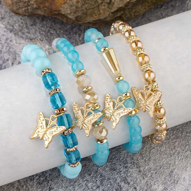4-Piece Trendy Butterfly Beaded Bracelet Set for Women