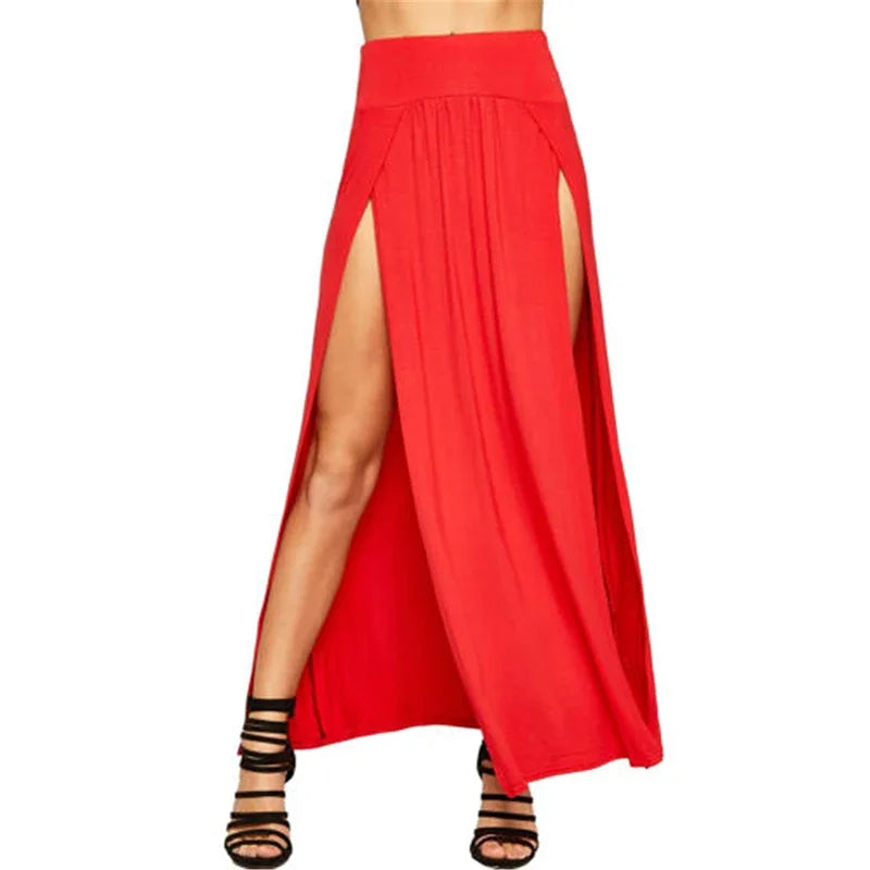 New Arrival High Waisted Sexy Women's Double Slits Summer Solid Long Maxi Skirt