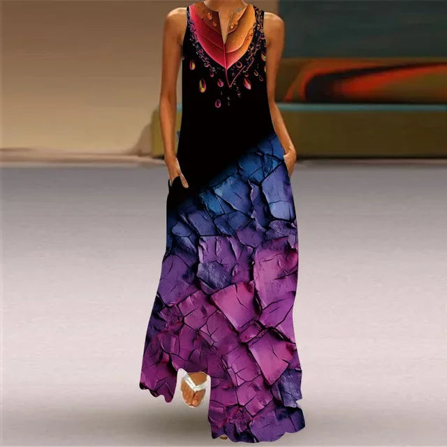 Summer Women’s Artistic Retro Sleeveless V-Neck Oversized Swing Maxi Dress | Casual Loose Boho Long