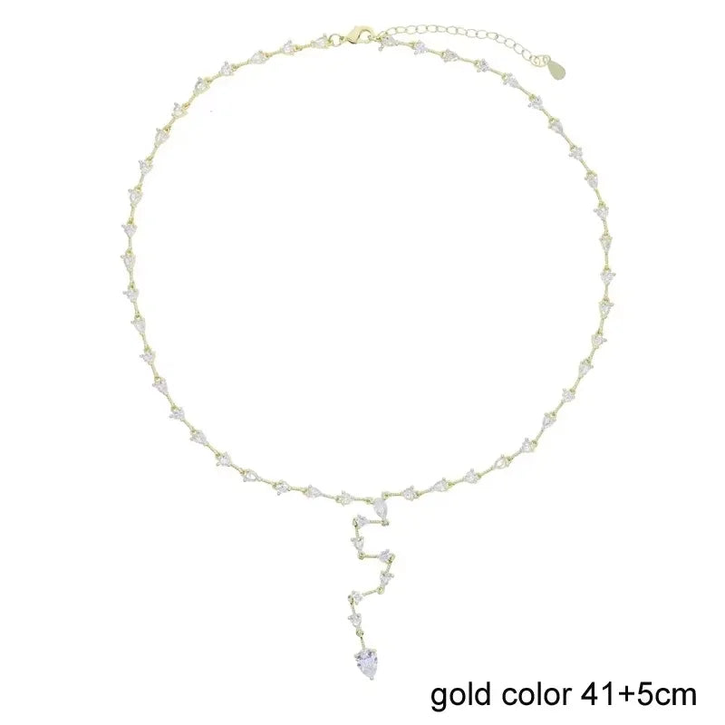 Fashion Special Water Drop Bling Oval CZ Choker Necklace Gold Color Lariat Long Bar Tear Drop Y Shape Long Tassel Women Jewelry
