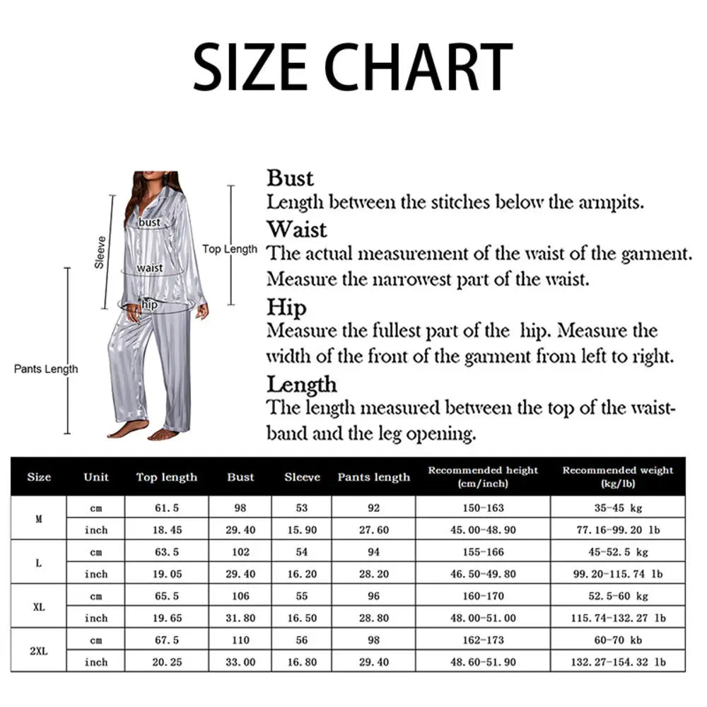 Women's Summer Striped Silk Satin Pajama Set – Long Sleeve Top & Trousers