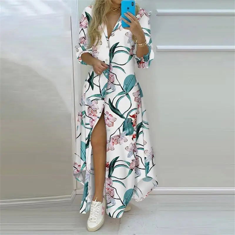 Summer Women Boho Printed Long Shirt Dress | Elegant Turn-Down Collar Long Sleeve Casual Maxi Dress