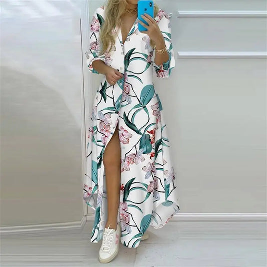 Summer Women Boho Printed Long Shirt Dress | Elegant Turn-Down Collar Long Sleeve Casual Maxi Dress