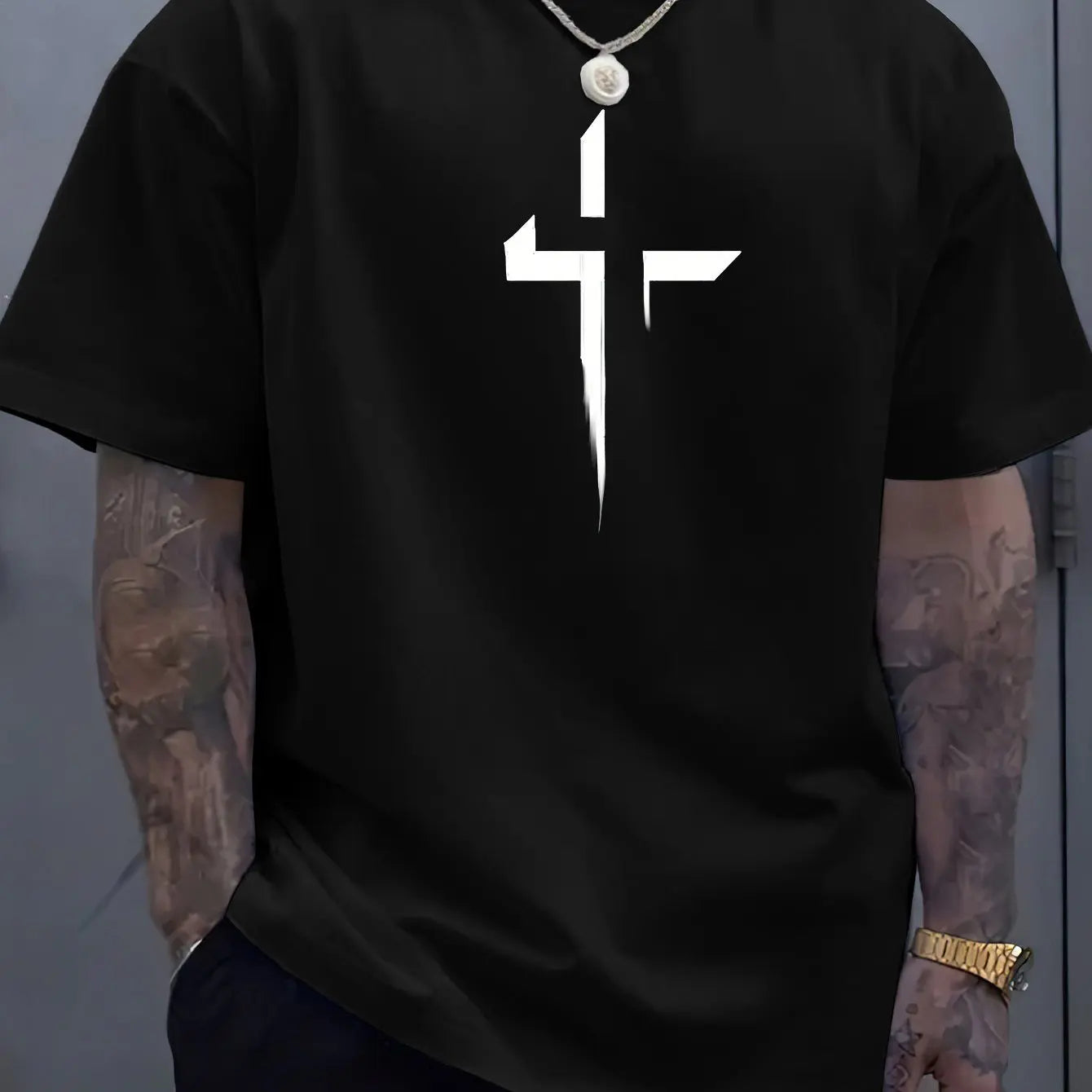 Men’s Summer Casual T-Shirt – 100% Pure Cotton, Plus Size, Creative Cross Prin