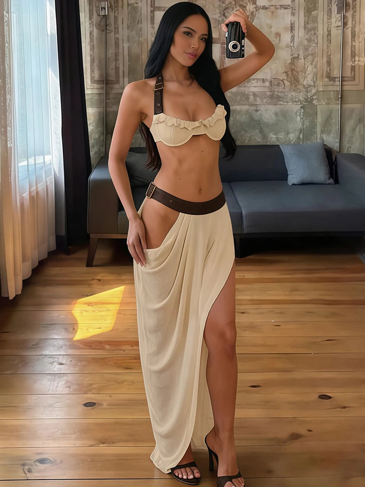 Kliou Belt Patchwork 2 Piece Set Women Halter Backless Ruffles Edge Bra Top