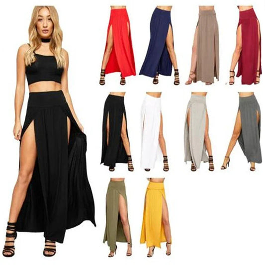 New Arrival High Waisted Sexy Women's Double Slits Summer Solid Long Maxi Skirt