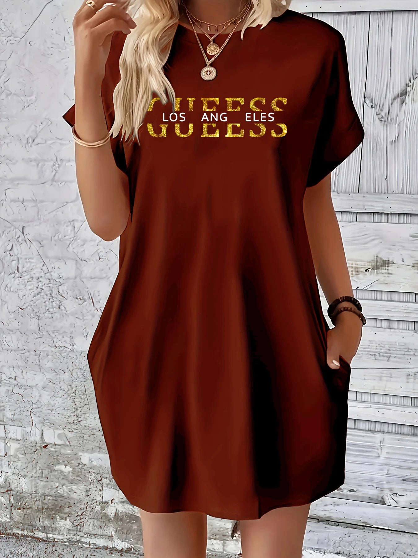 Women’s GUEESS Los Angeles Letter Print Casual Plus Size Dress – Summer Loose Short Sleeve Pocket Dress