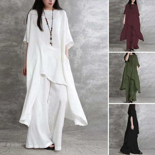 Women’s Cotton Linen 2-Piece Set – Casual Plus Size Sportswear Suit
