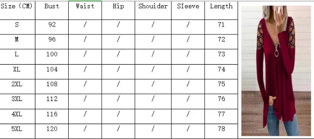 Woman's T-shirts Superior Quality spring/summer Hollow Out V Neck Zipper Long Sleeve Ladies