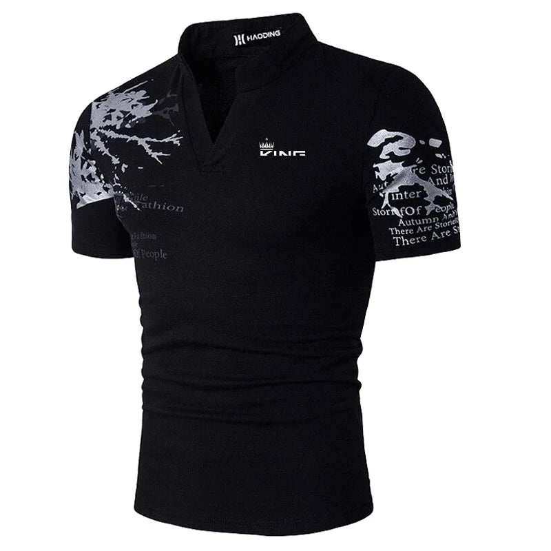Men’s Graphic Print Polo Shirt – V-Neck Short Sleeve Streetwear