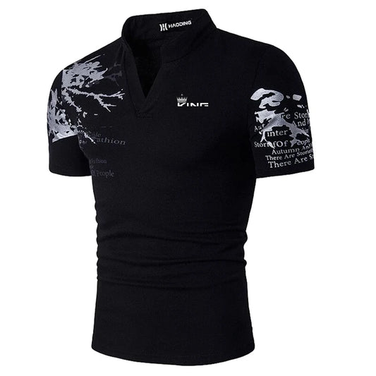 Men’s Graphic Print Polo Shirt – V-Neck Short Sleeve Streetwear