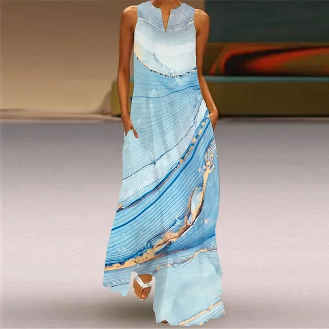 Summer Women’s Artistic Retro Sleeveless V-Neck Oversized Swing Maxi Dress | Casual Loose Boho Long