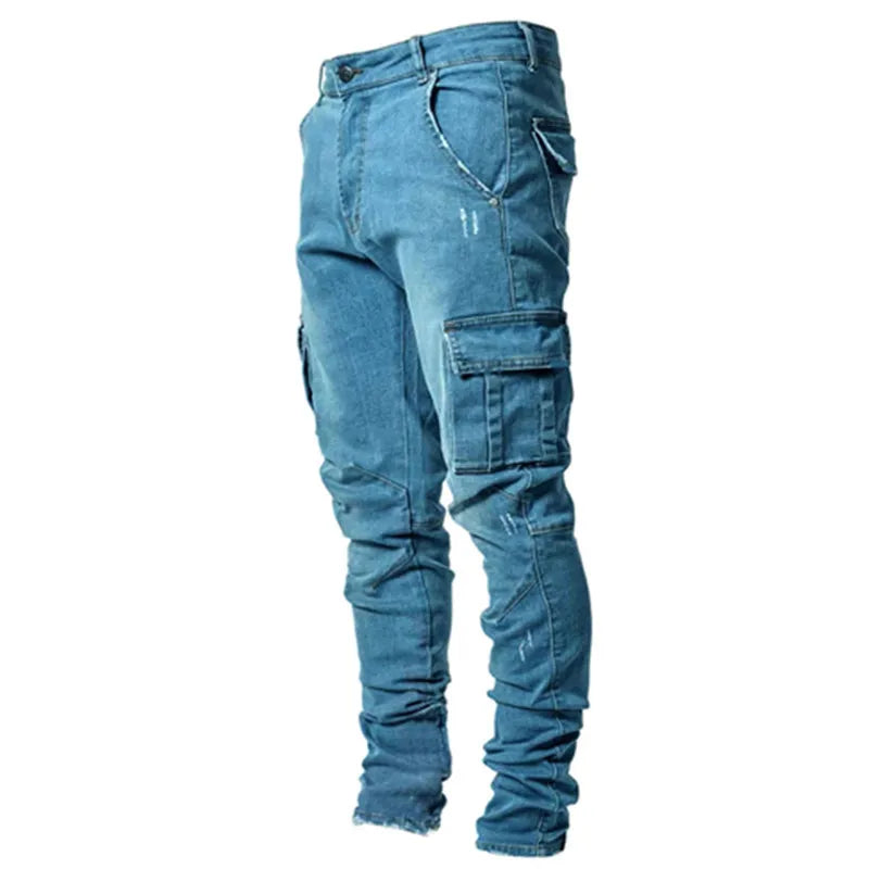 Men’s Washed Solid Color Multi-Pocket Denim Cargo Jeans – Mid Waist Casual Pants