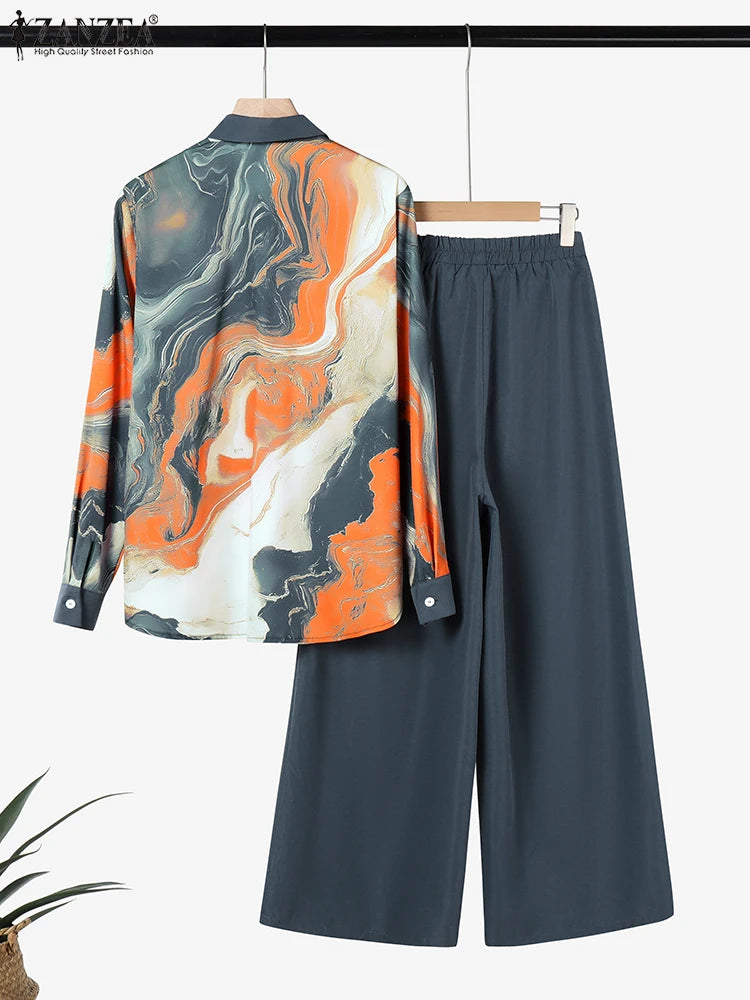 ZANZEA Fashion Women’s Two-Piece Set – Long Sleeve Lapel Shirt & Wide-Leg Pants