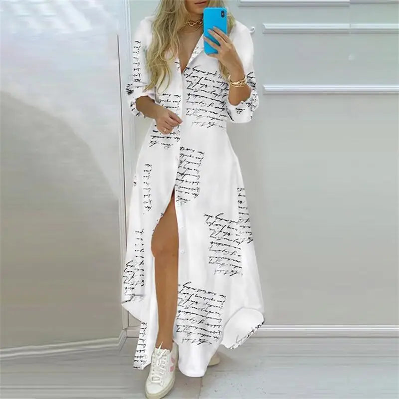 Summer Women Boho Printed Long Shirt Dress | Elegant Turn-Down Collar Long Sleeve Casual Maxi Dress