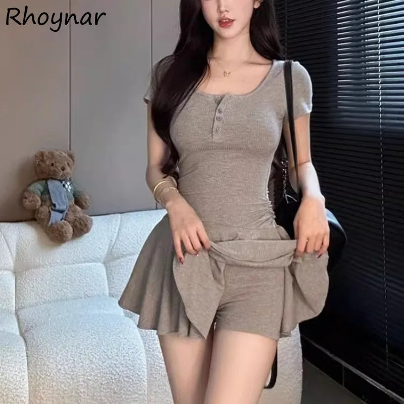 Short Sleeve Mini Dress for Women – Summer Slimming Pleated Single-Breasted Casual Fashion