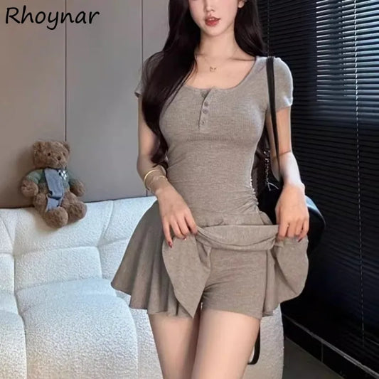 Short Sleeve Mini Dress for Women – Summer Slimming Pleated Single-Breasted Casual Fashion