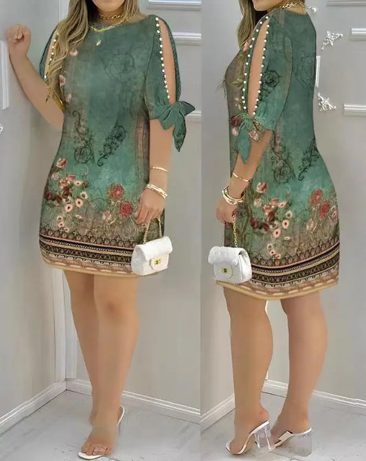 Women's Summer Retro Print Mini Dress – O-Neck Ethnic Style Loose Fit Casual Elegant Beach Dress