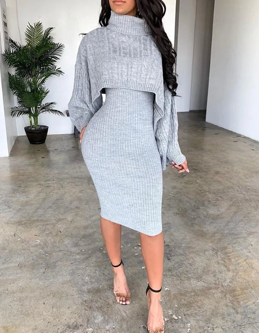 Women’s Sweater Dress Set [Turtleneck Ribbed Sweater & Knitted Strap Dress]
