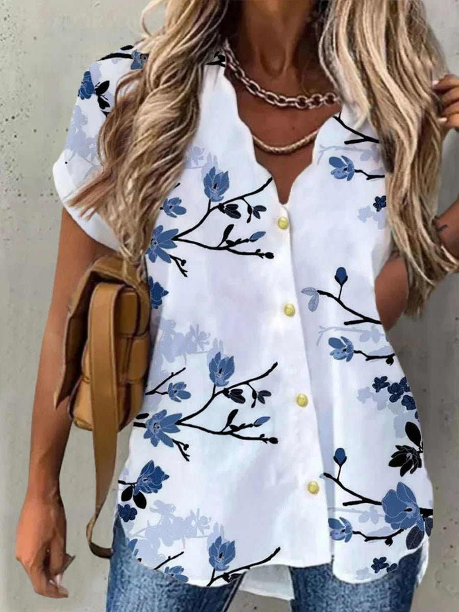 Women’s Floral Blouse Shirt – Short Sleeve, Button-Up