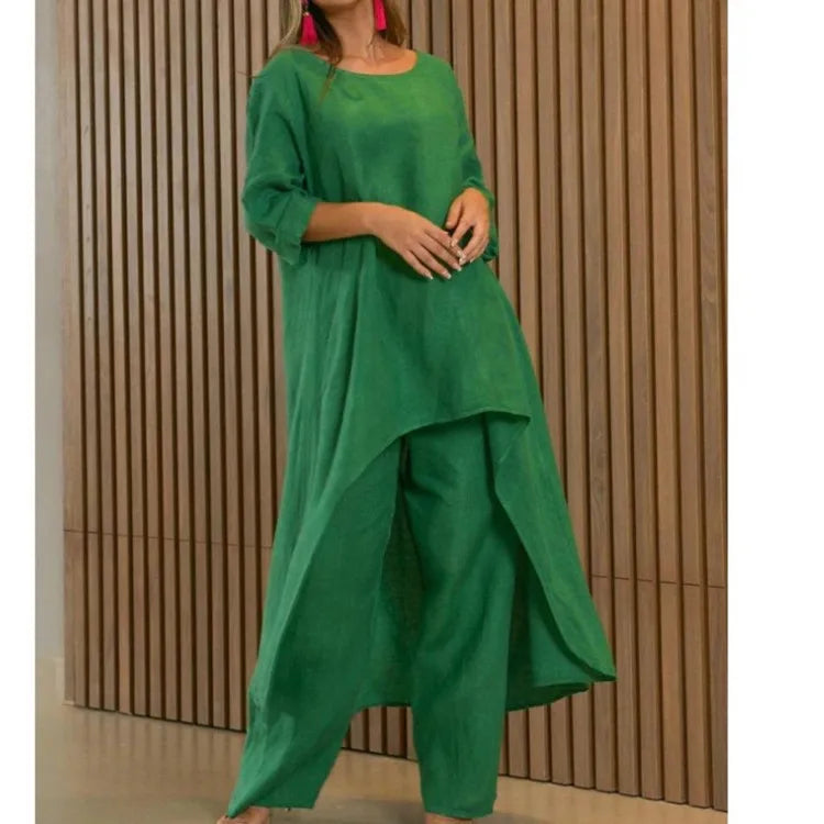 Two-Piece Women's African Outfit – Cotton Linen Top & Oversized Trousers