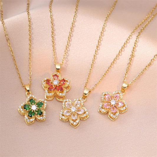 Shiny Zircon Romantic Flower Pendant Necklace for Women